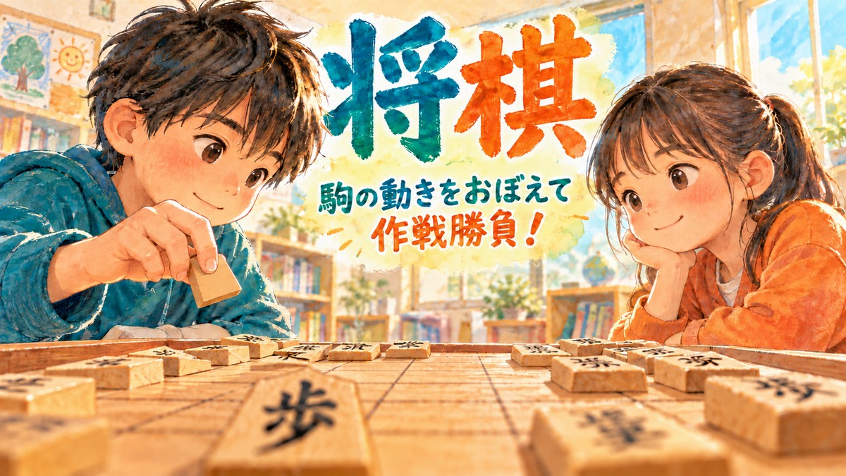将棋盤を挟んで駒の動きと次の一手を考える二人の子どものオリジナルイラスト