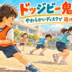 柔らかい布製ディスクを使って鬼ごっこを楽しむ子どもたちのオリジナルイラスト