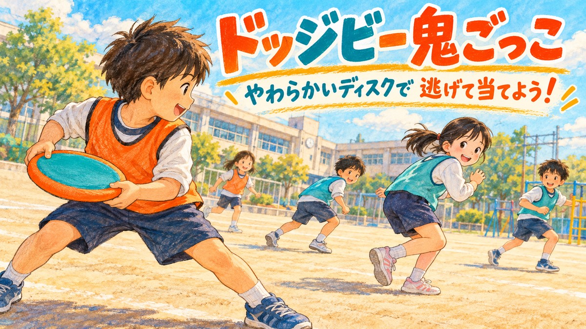 柔らかい布製ディスクを使って鬼ごっこを楽しむ子どもたちのオリジナルイラスト