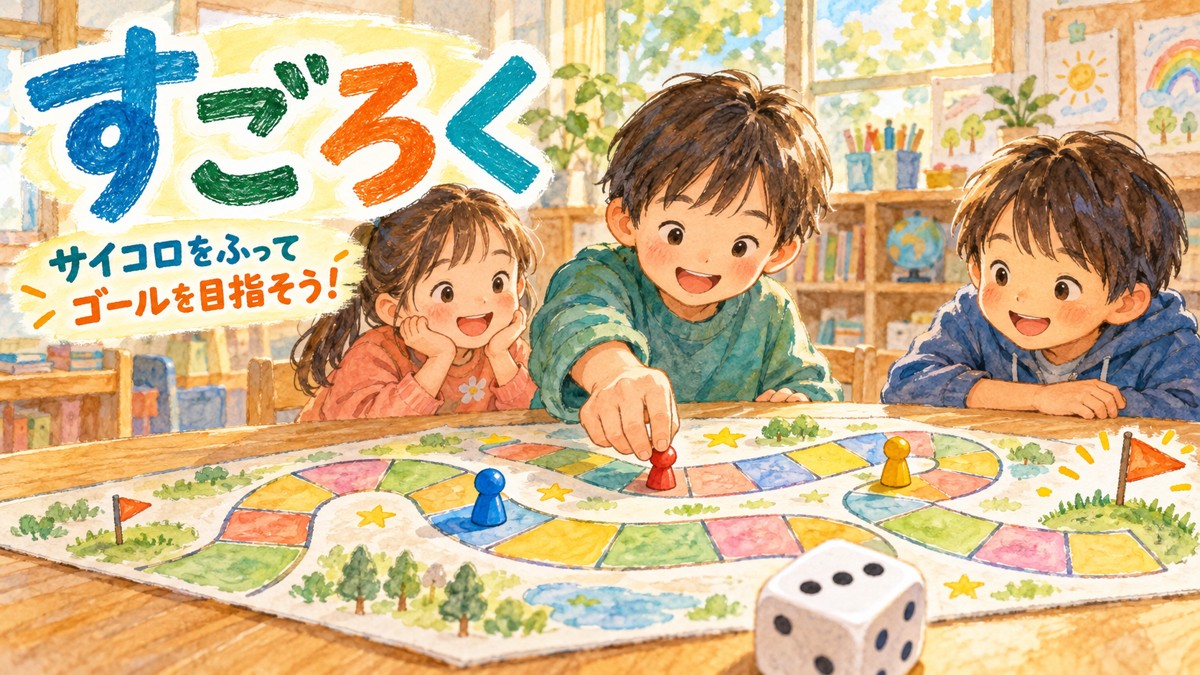 サイコロの目に合わせて手作りすごろくの駒を進める子どもたち
