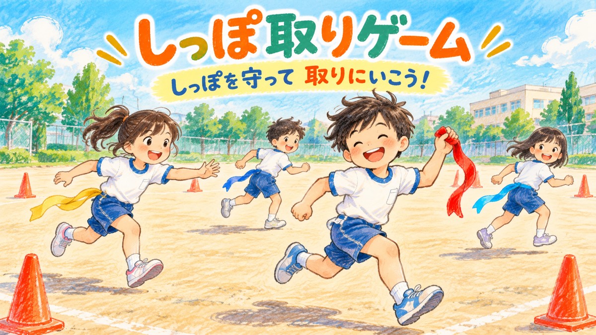 色の布を目印にして運動場でしっぽ取りを楽しむ子どもたち