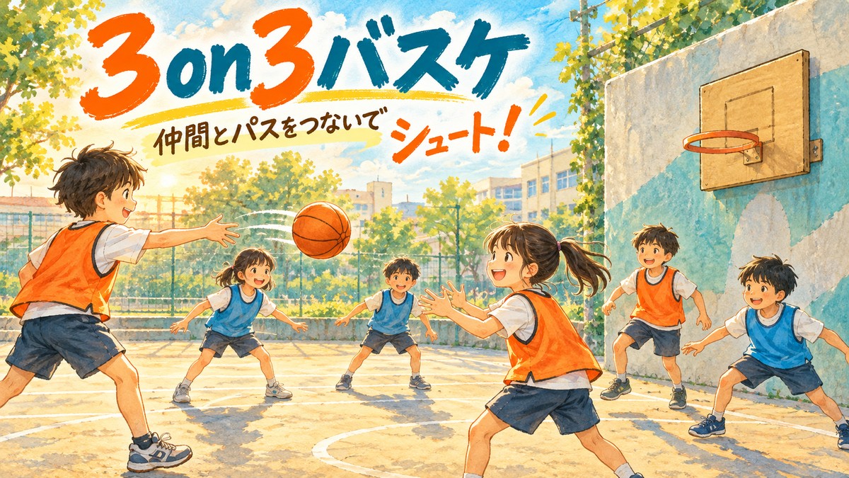 仲間にパスをつなぎ、低いゴールを目指す3on3バスケのオリジナルイラスト