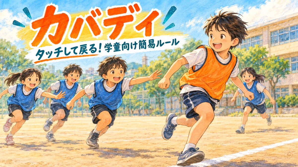 押さえ込みをせずタッチ式の簡易カバディを楽しむ子どもたちのオリジナルイラスト
