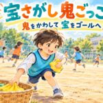 鬼をかわしながら柔らかい布の宝をゴールへ運ぶ宝さがし鬼ごっこのイラスト