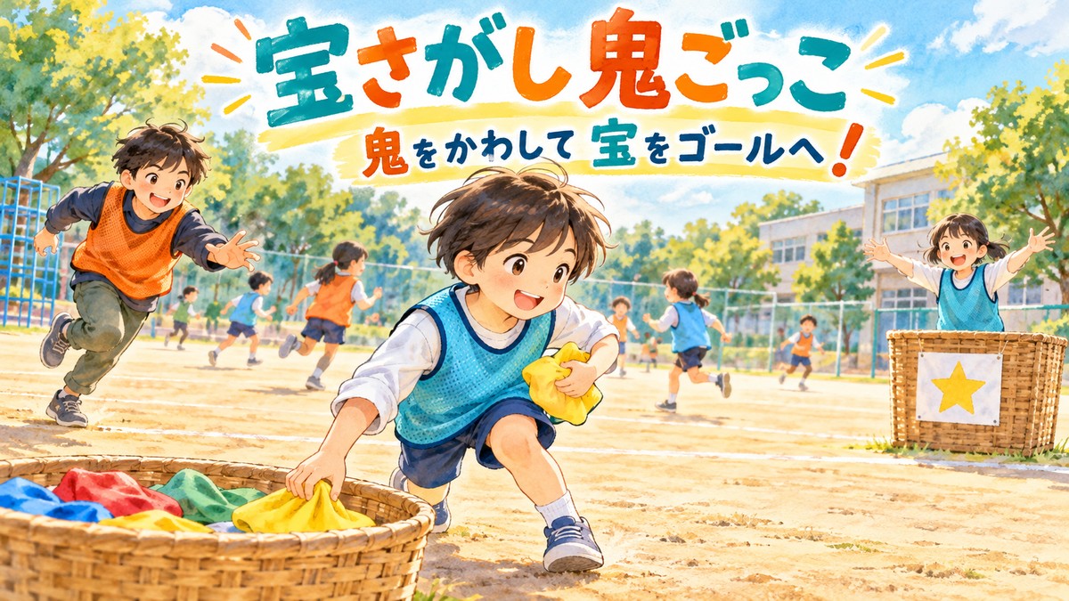 鬼をかわしながら柔らかい布の宝をゴールへ運ぶ宝さがし鬼ごっこのイラスト