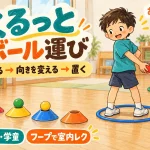 フラフープの中に立ち、ボールを持って後ろを向く小学生。前にマーカーコーン、後ろに回収用フープを置く室内レク。