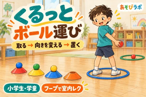 フラフープの中に立ち、ボールを持って後ろを向く小学生。前にマーカーコーン、後ろに回収用フープを置く室内レク。