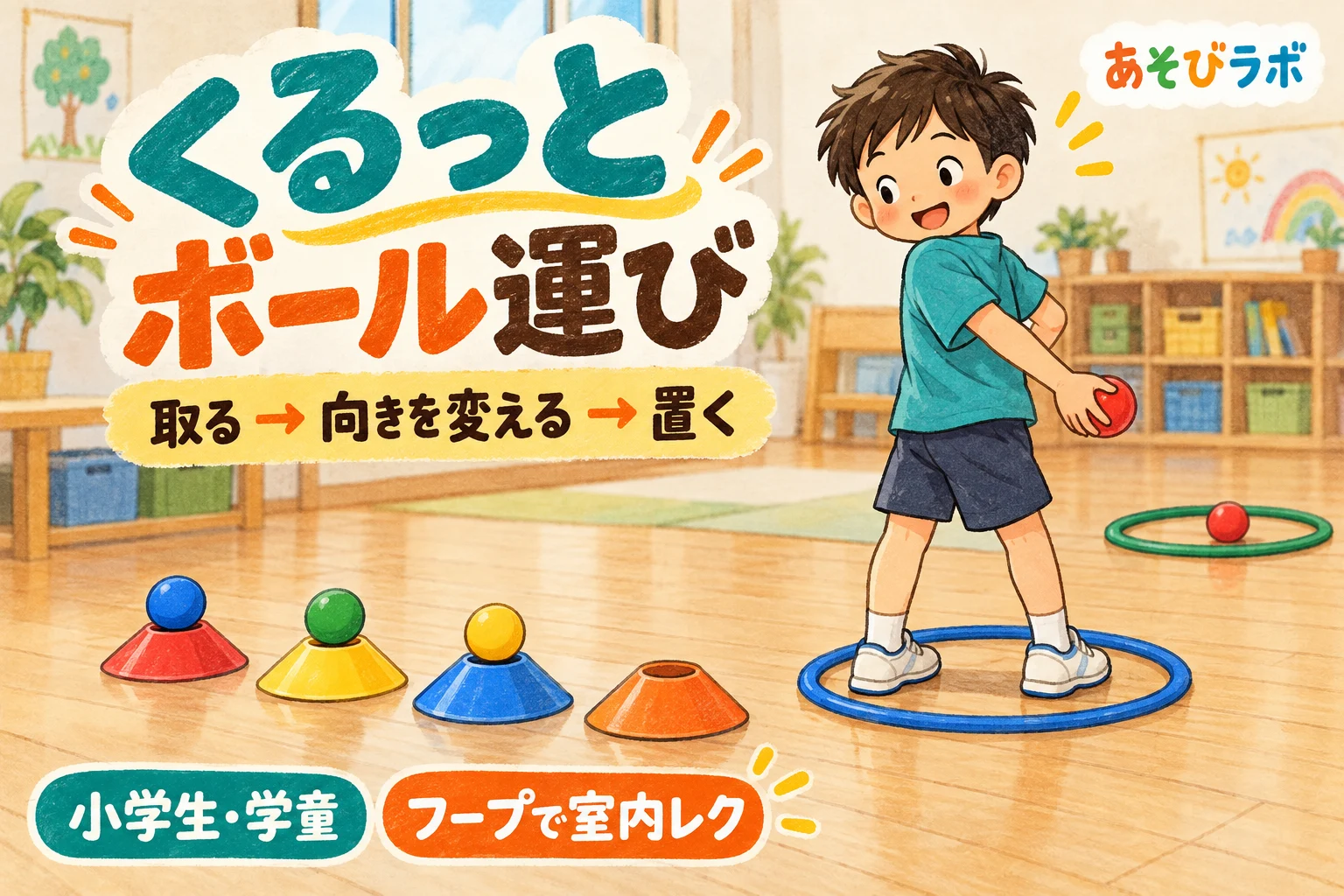フラフープの中に立ち、ボールを持って後ろを向く小学生。前にマーカーコーン、後ろに回収用フープを置く室内レク。