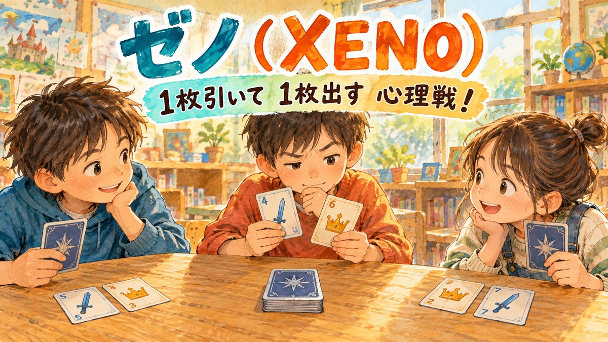 カードを引いて一枚を出すゼノの遊びを表現したオリジナルのイメージイラスト